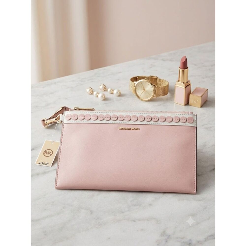 Michael Kors Blush Pink Leather Wristlet with White Trim and Gold Tone Hardware